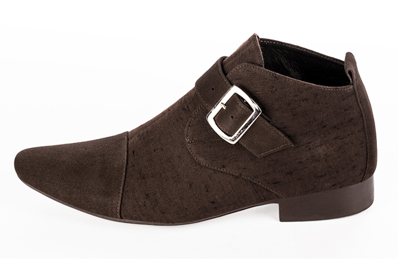 Dark brown dress ankle boots for men. Round toe. Flat leather soles. Profile view - Florence KOOIJMAN